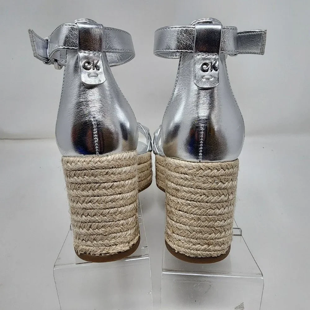 Calvin Klein Wedge Sandals Womens 8.5 Silver Thea Faux Leather Heels Shoes